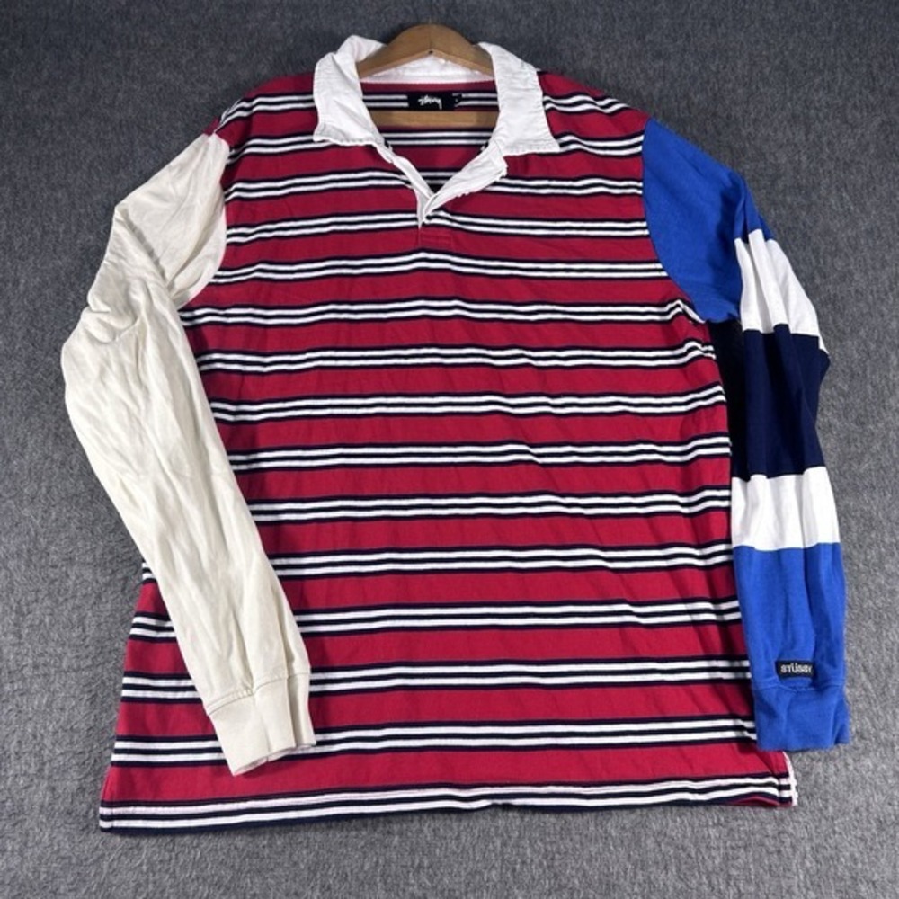 Stussy "Mix Up" Long Sleeve Rugby Polo Shirt Multicolor Red Blue Mens size L Y2K